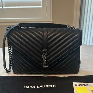 Saint Laurent College L Black Quilted Chevron Leather Shoulder Bag with YSL Logo